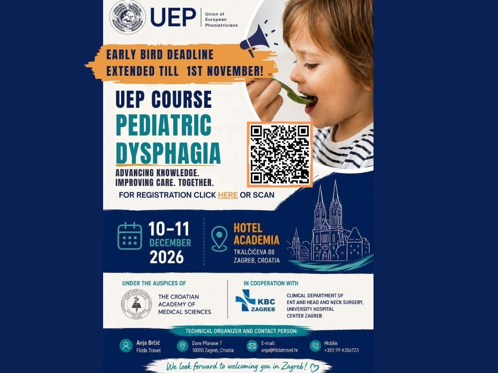 UEP Course on Pediatric Dysphagia, 10-11 December 2026, Hotel Academia, Zagreb. Early bird deadline extended till 1 November 2026